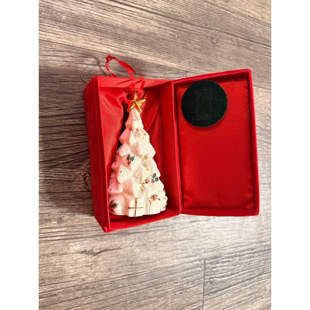 Ceramic Christmas Tree Figurine Glossy Finish Gold Star Red Gift Box